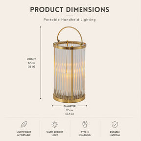 H12 in. Indoor Decorative Warm Brass Metal and Glass Rod Lantern with USB-C Rechargeable Flameless Candle for Dining Table