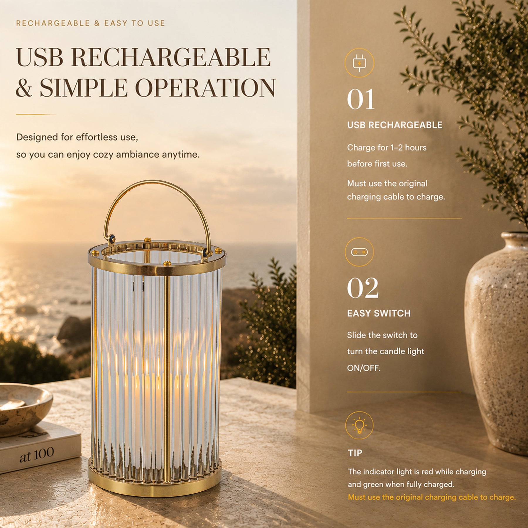 H12 in. Indoor Decorative Warm Brass Metal and Glass Rod Lantern with USB-C Rechargeable Flameless Candle for Dining Table