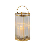 H12 in. Indoor Decorative Warm Brass Metal and Glass Rod Lantern with USB-C Rechargeable Flameless Candle for Dining Table