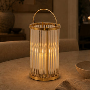 H12 in. Indoor Decorative Warm Brass Metal and Glass Rod Lantern with USB-C Rechargeable Flameless Candle for Dining Table