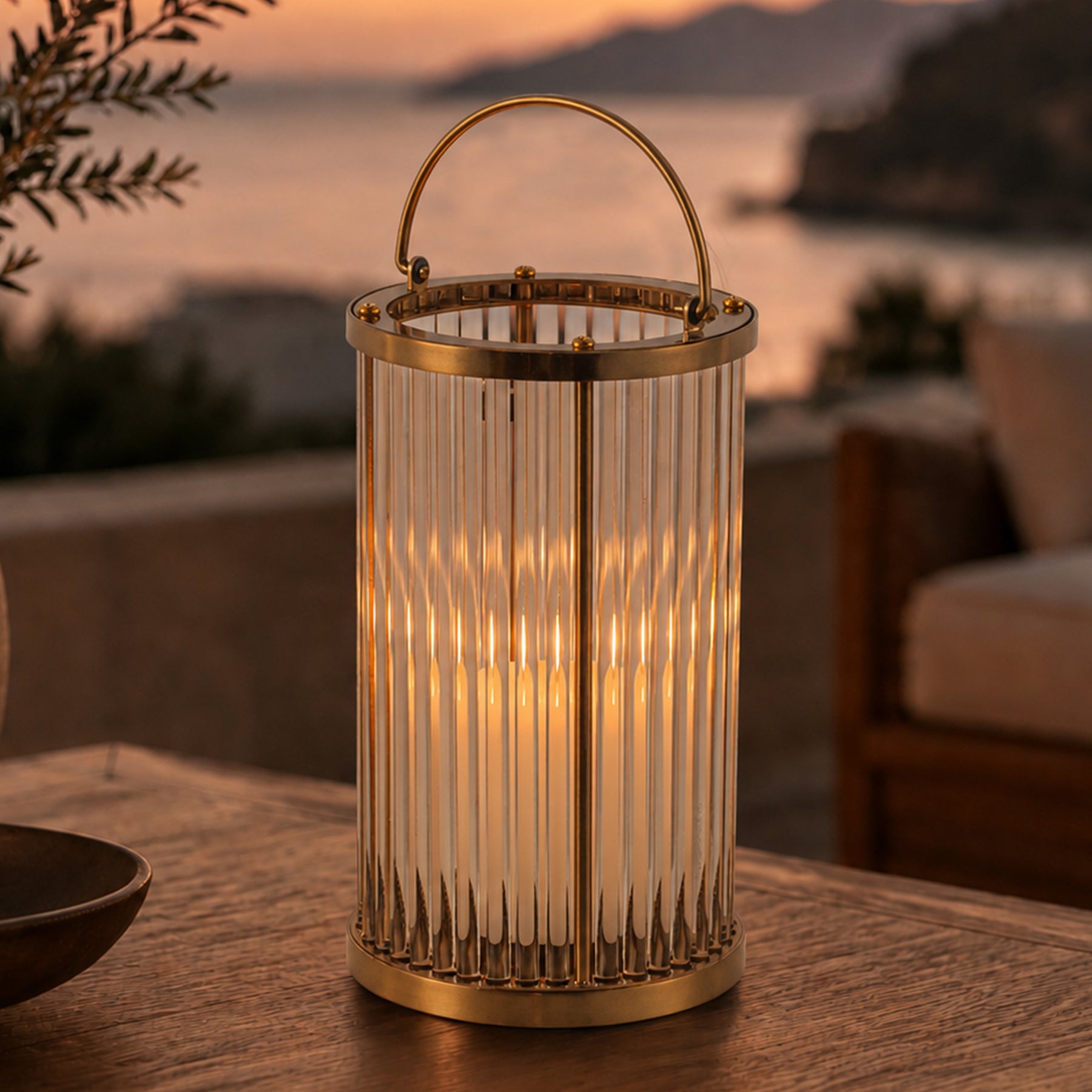 H12 in. Indoor Decorative Warm Brass Metal and Glass Rod Lantern with USB-C Rechargeable Flameless Candle for Dining Table