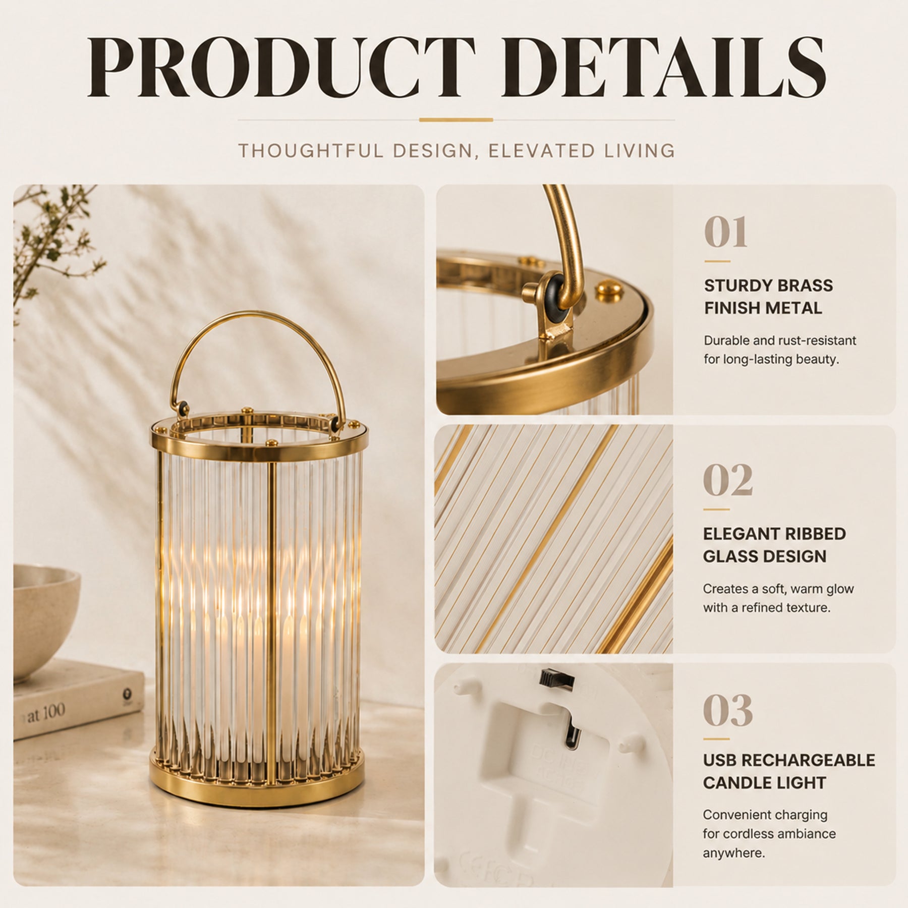 H12 in. Indoor Decorative Warm Brass Metal and Glass Rod Lantern with USB-C Rechargeable Flameless Candle for Dining Table