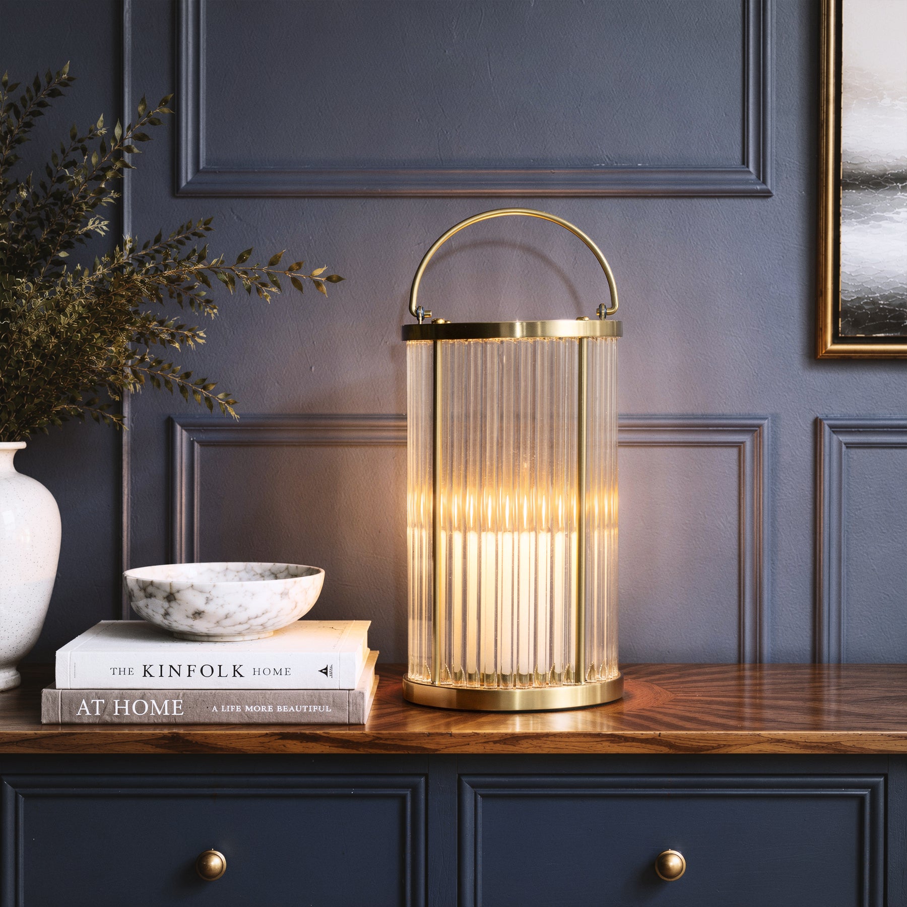 H12 in. Indoor Decorative Warm Brass Metal and Glass Rod Lantern with USB-C Rechargeable Flameless Candle for Dining Table