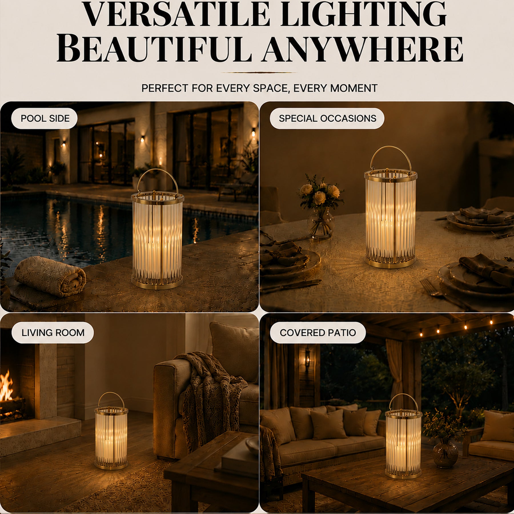 H12 in. Indoor Decorative Warm Brass Metal and Glass Rod Lantern with USB-C Rechargeable Flameless Candle for Dining Table
