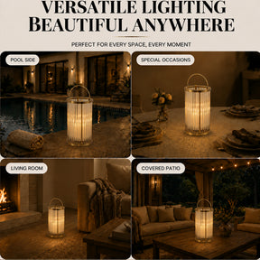 H12 in. Indoor Decorative Warm Brass Metal and Glass Rod Lantern with USB-C Rechargeable Flameless Candle for Dining Table
