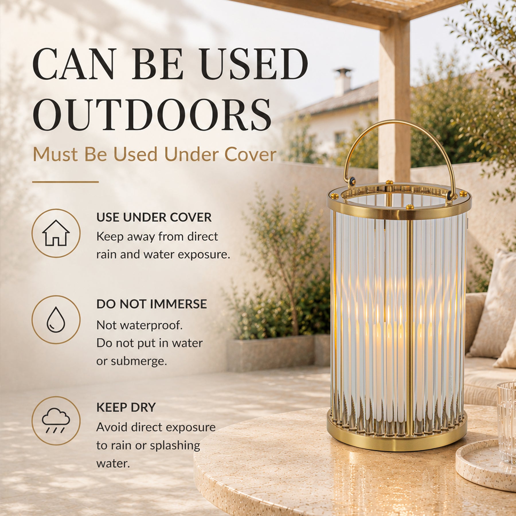 H12 in. Indoor Decorative Warm Brass Metal and Glass Rod Lantern with USB-C Rechargeable Flameless Candle for Dining Table
