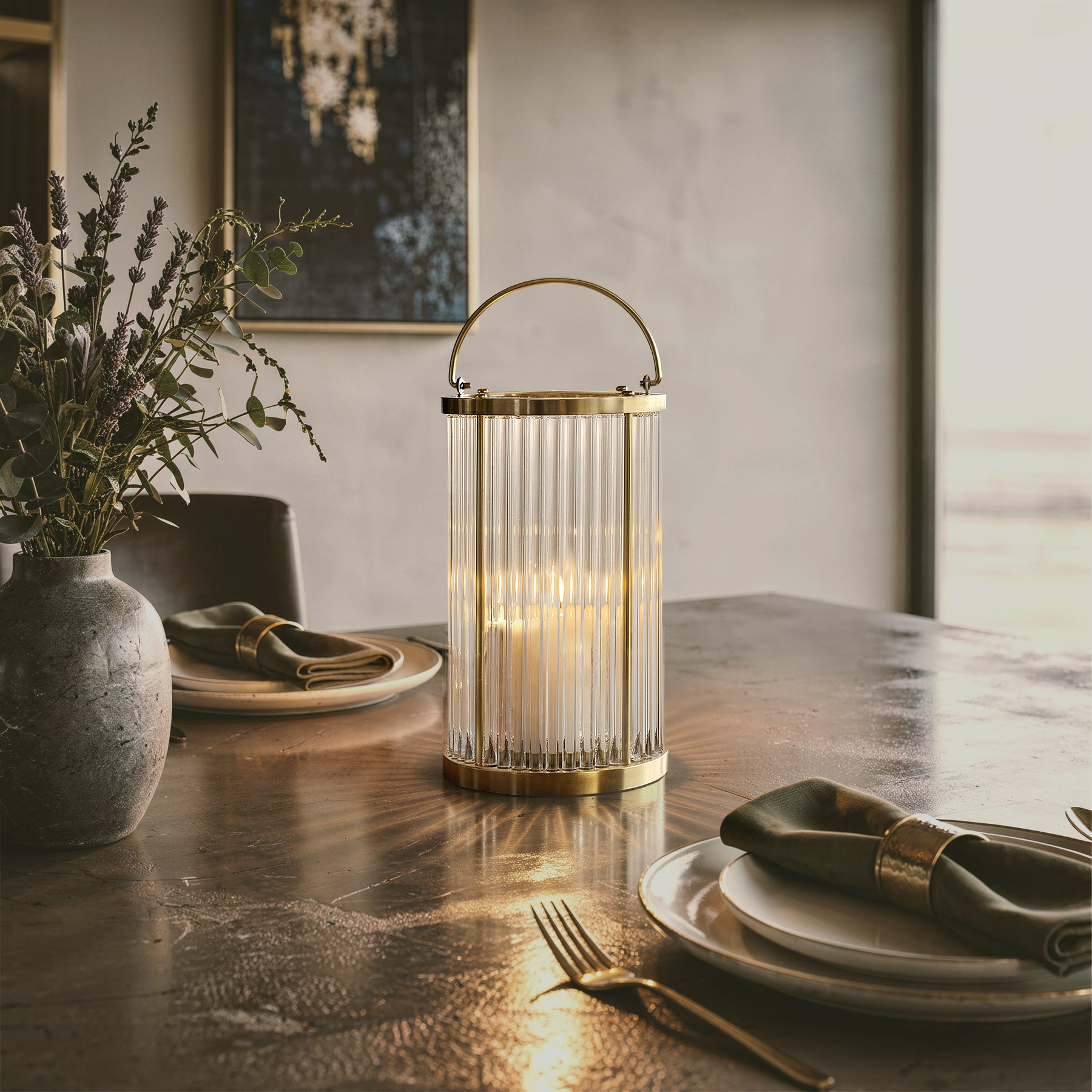 H12 in. Indoor Decorative Warm Brass Metal and Glass Rod Lantern with USB-C Rechargeable Flameless Candle for Dining Table