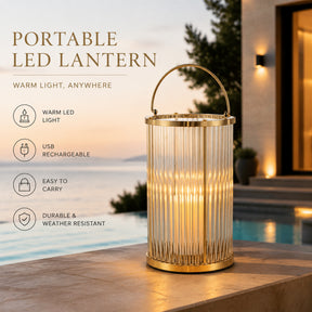 Warm Brass Lantern with Ribbed Glass and Rechargeable Candle