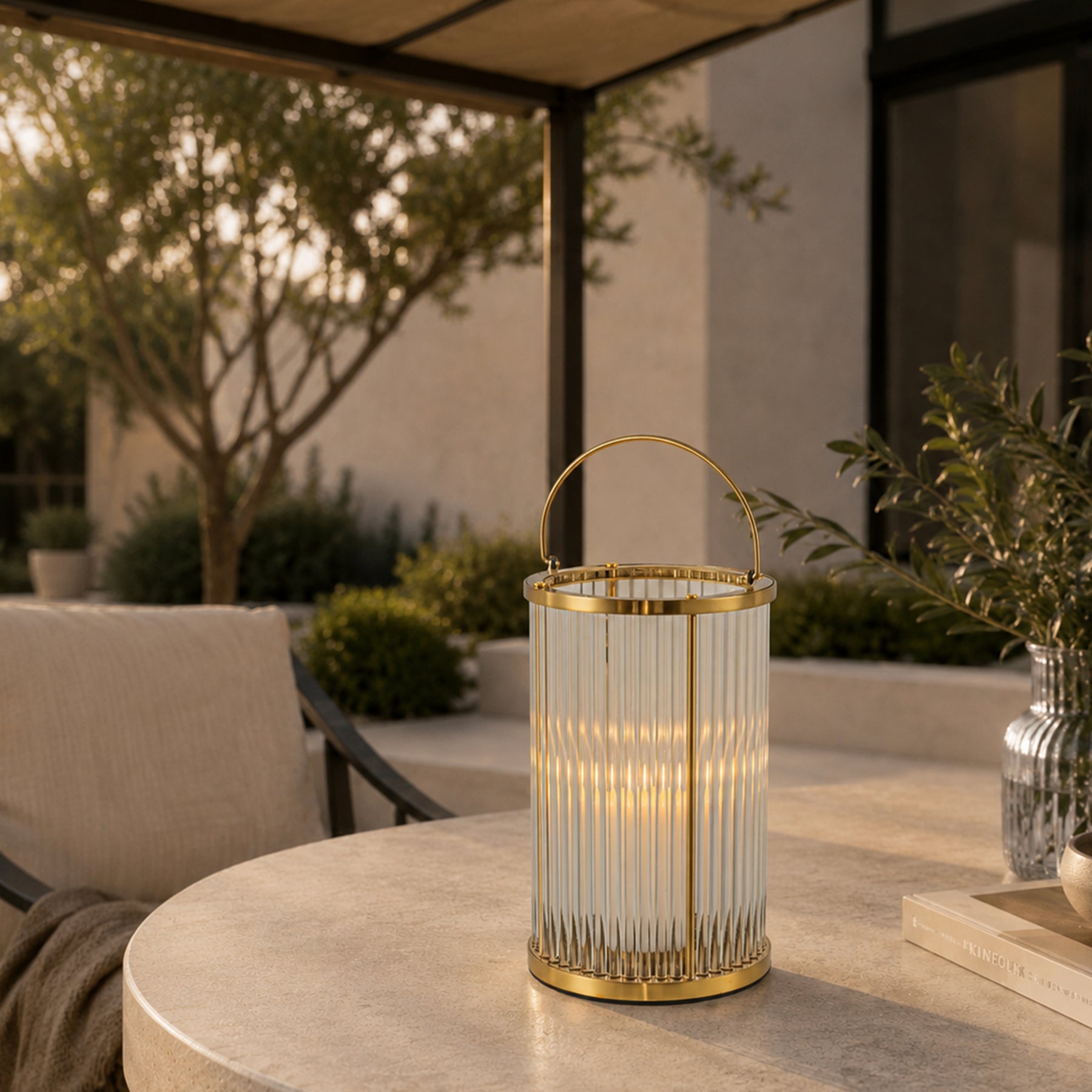 Warm Brass Lantern with Ribbed Glass and Rechargeable Candle