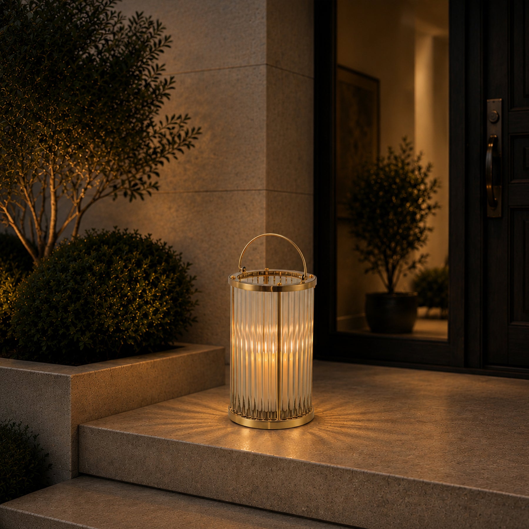 Warm Brass Lantern with Ribbed Glass and Rechargeable Candle