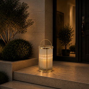 Warm Brass Lantern with Ribbed Glass and Rechargeable Candle