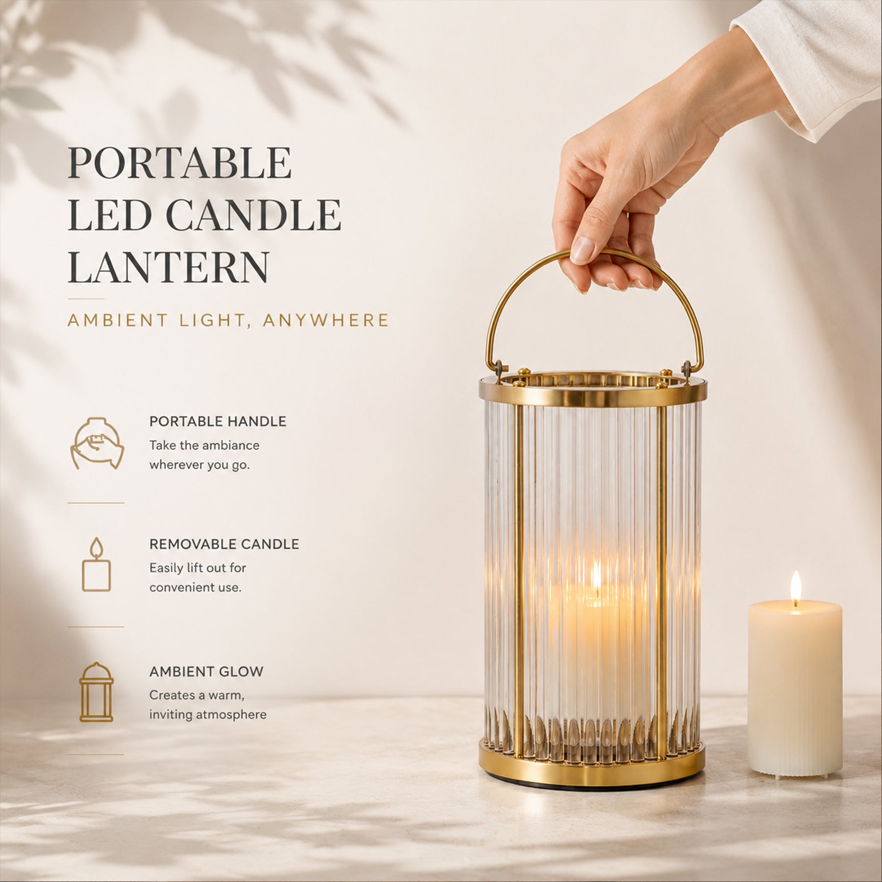 Warm Brass Lantern with Ribbed Glass and Rechargeable Candle