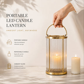 Warm Brass Lantern with Ribbed Glass and Rechargeable Candle