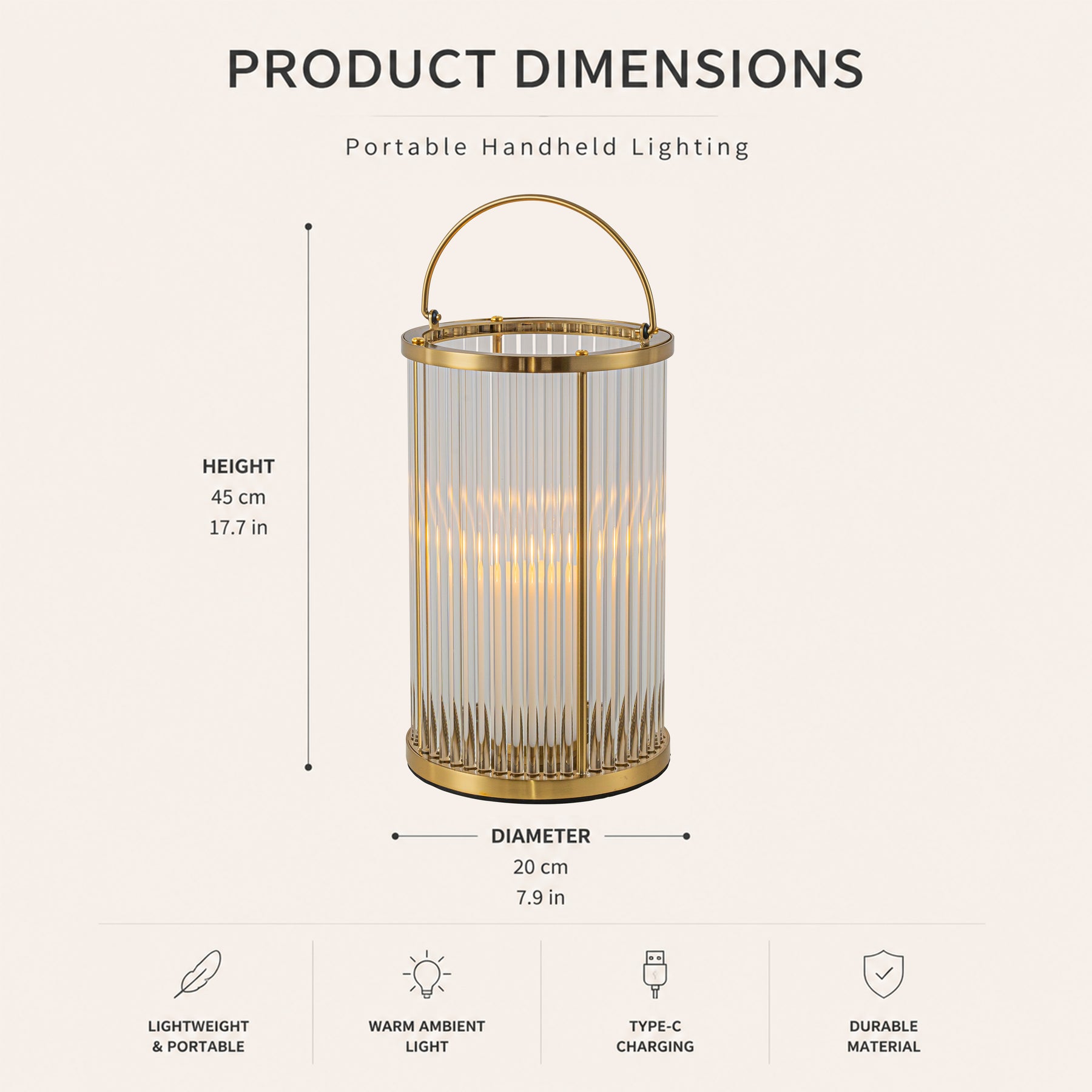 Warm Brass Lantern with Ribbed Glass and Rechargeable Candle