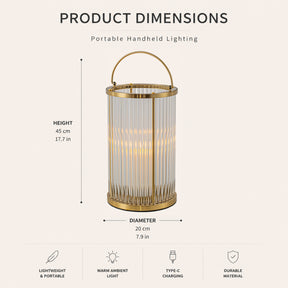 Warm Brass Lantern with Ribbed Glass and Rechargeable Candle