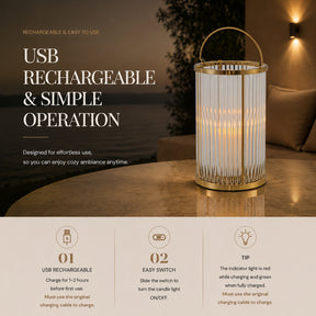 Warm Brass Lantern with Ribbed Glass and Rechargeable Candle