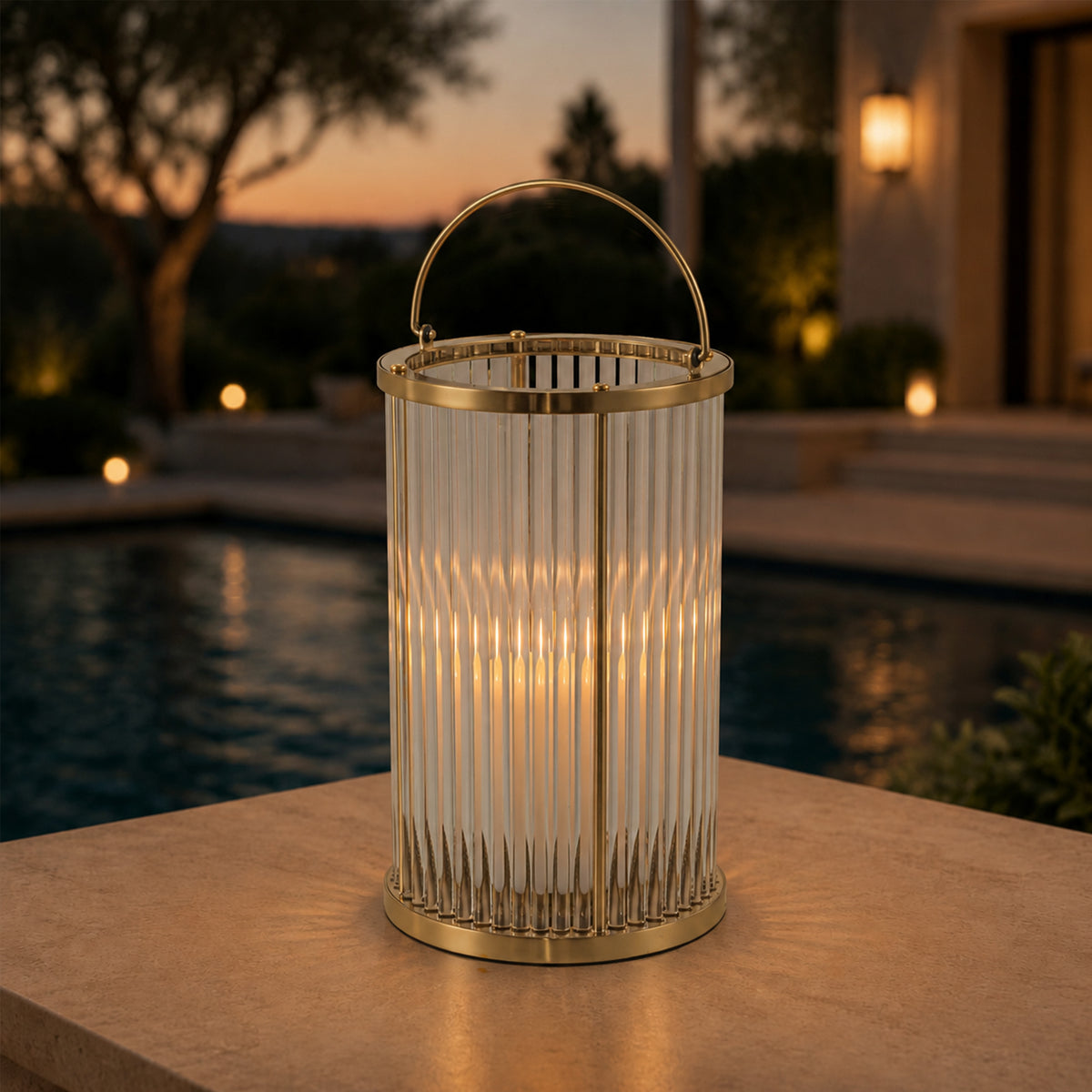 Warm Brass Lantern with Ribbed Glass and Rechargeable Candle