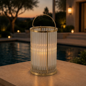 Warm Brass Lantern with Ribbed Glass and Rechargeable Candle