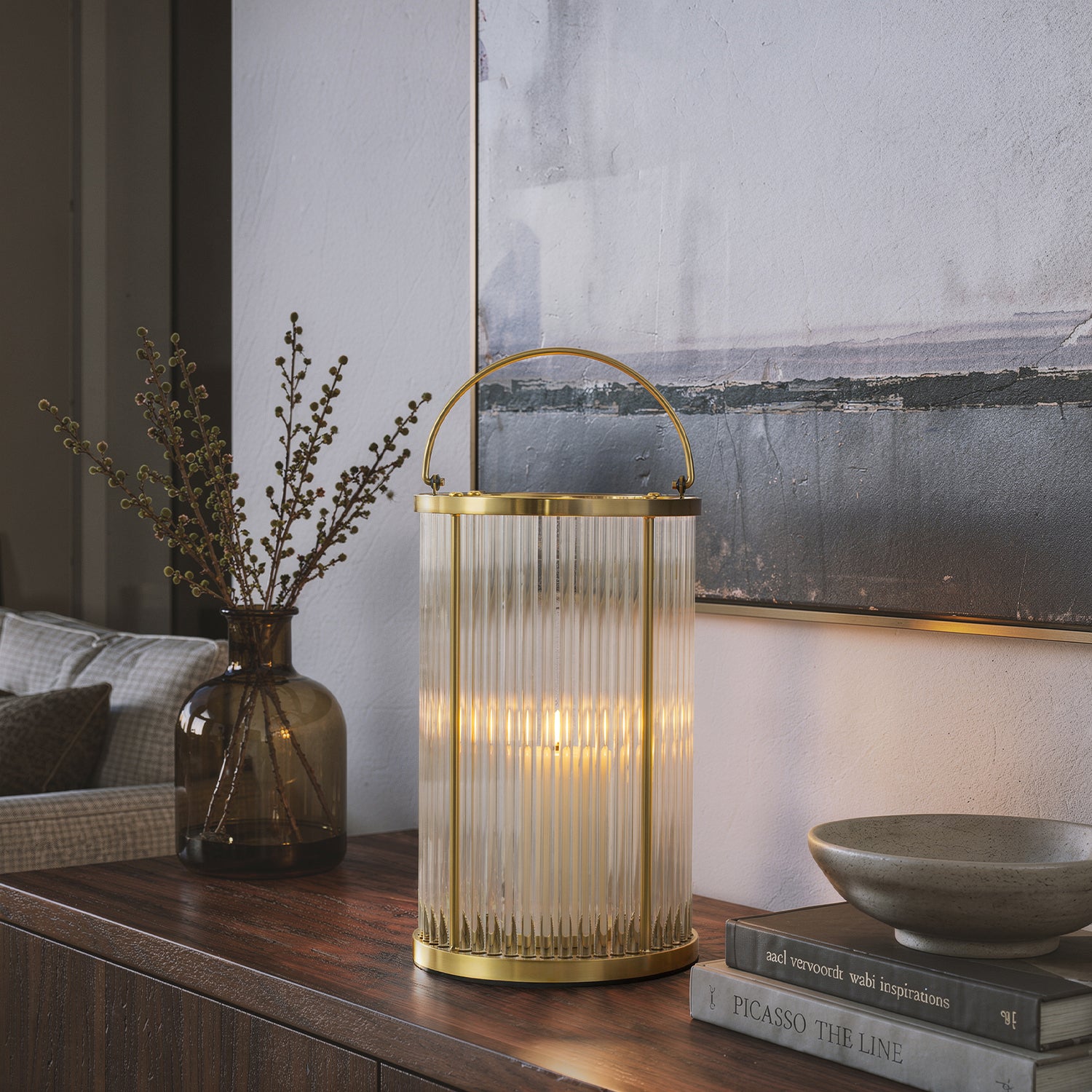 Warm Brass Lantern with Ribbed Glass and Rechargeable Candle