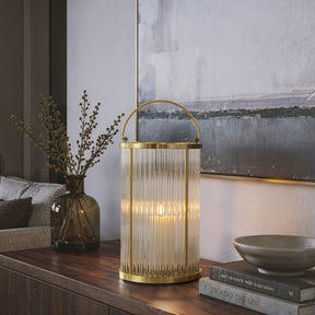 Warm Brass Lantern with Ribbed Glass and Rechargeable Candle