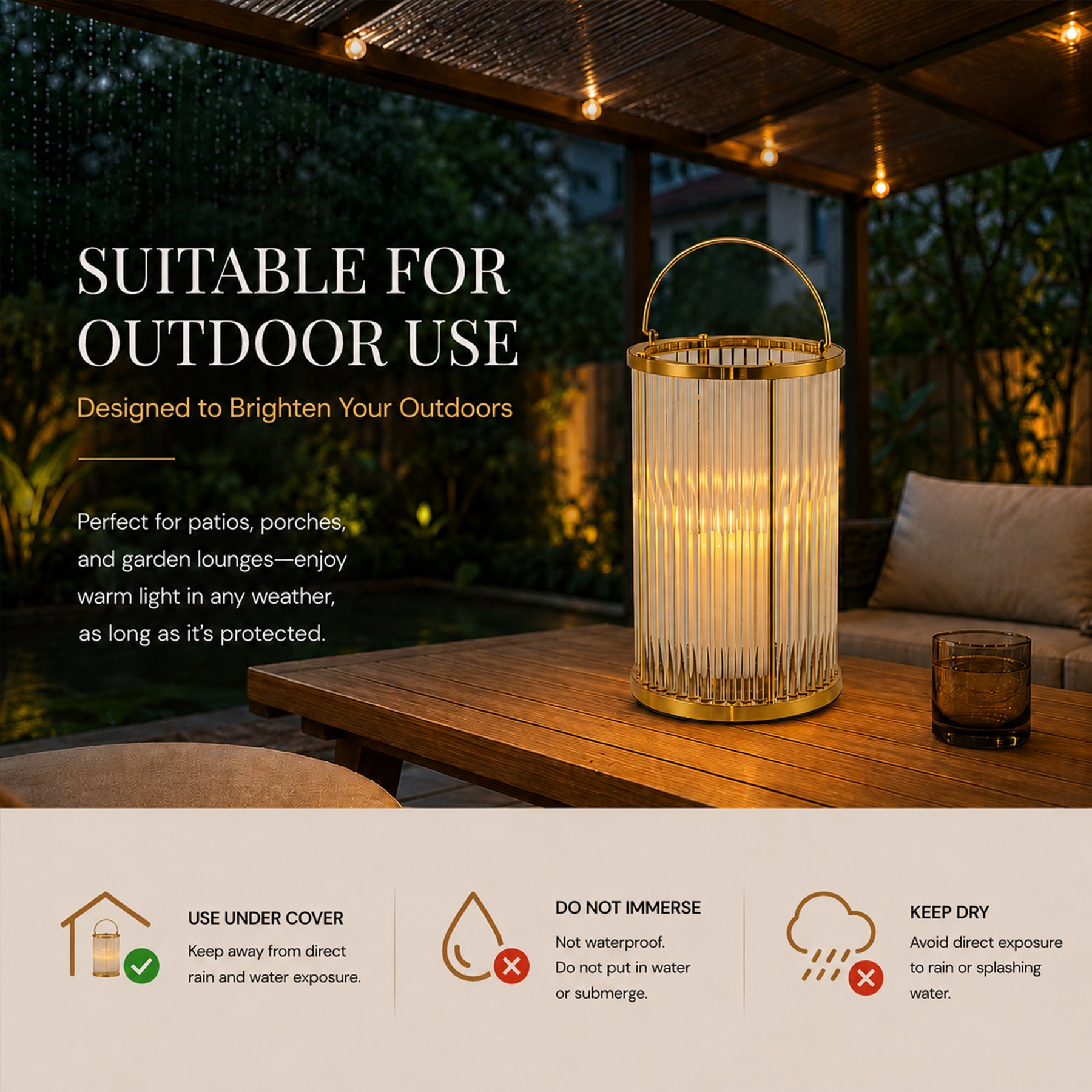 Warm Brass Lantern with Ribbed Glass and Rechargeable Candle