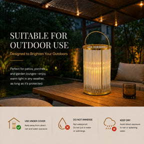 Warm Brass Lantern with Ribbed Glass and Rechargeable Candle