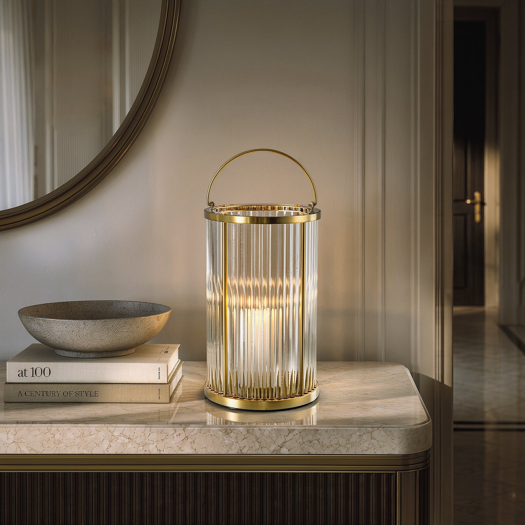 Warm Brass Lantern with Ribbed Glass and Rechargeable Candle