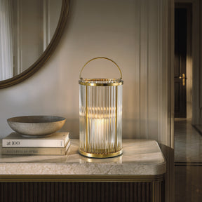 Warm Brass Lantern with Ribbed Glass and Rechargeable Candle