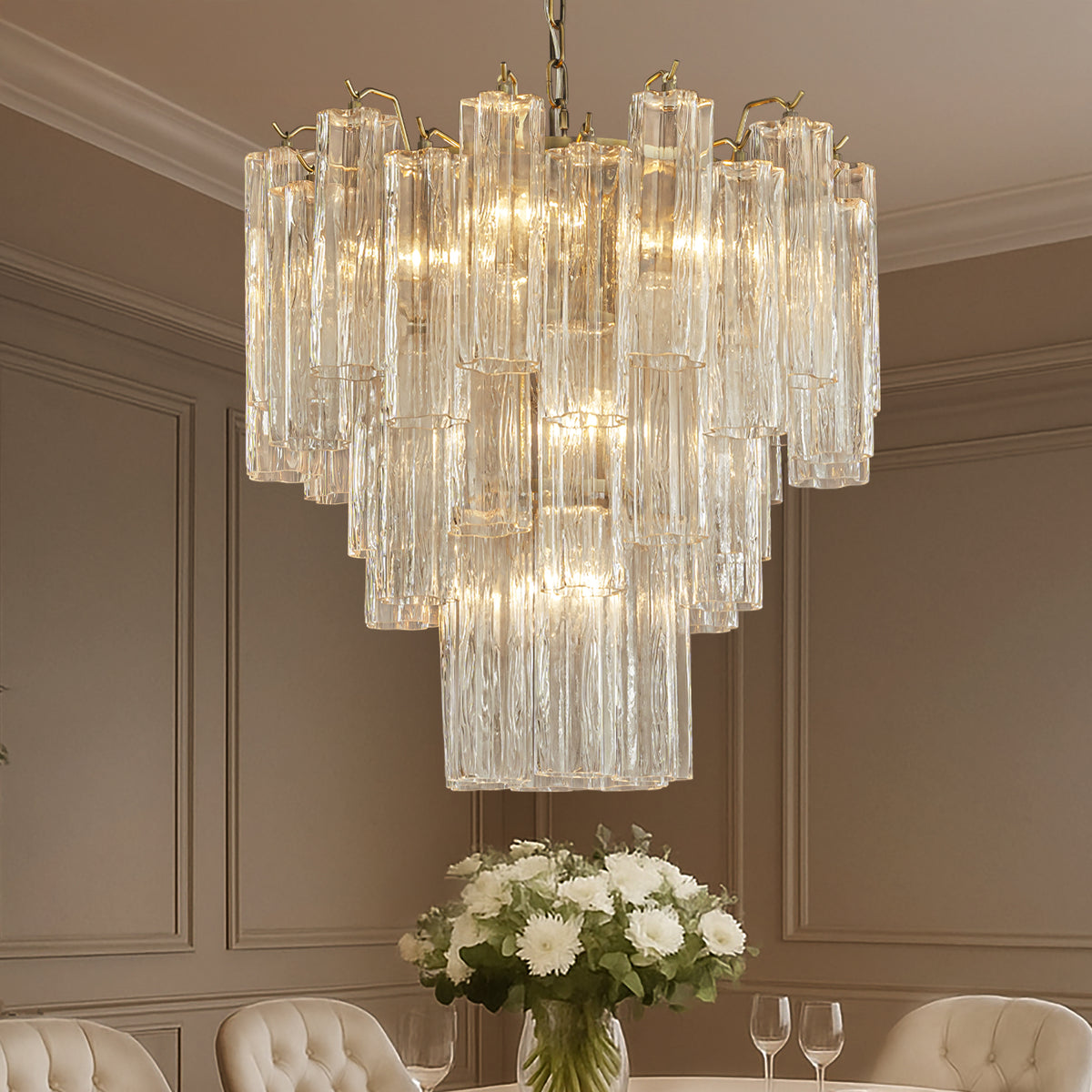 23" Mid Century Modern Flower Glass Chandelier in Aged Bronze Elegant Vintage Glam Tiered Pendant Light for Dining Room or Wedding Venue