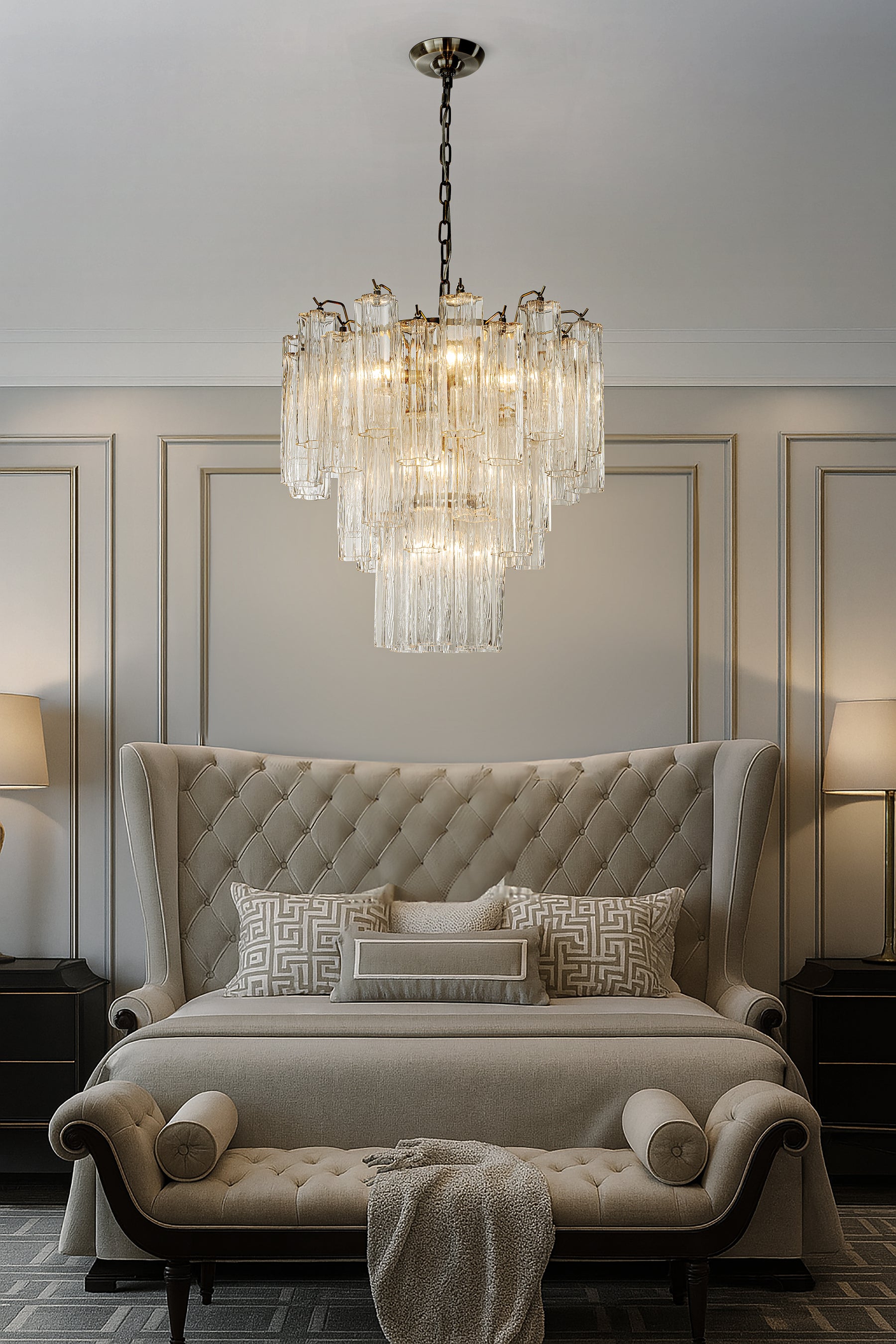 23'' Mid Century Modern Flower Glass Chandelier Aged Bronze Finish Crystal Pendant Light Vintage Glam Ceiling Fixture for Dining Room Wedding Decor
