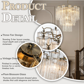 23'' Mid Century Modern Flower Glass Chandelier Aged Bronze Finish Crystal Pendant Light Vintage Glam Ceiling Fixture for Dining Room Wedding Decor