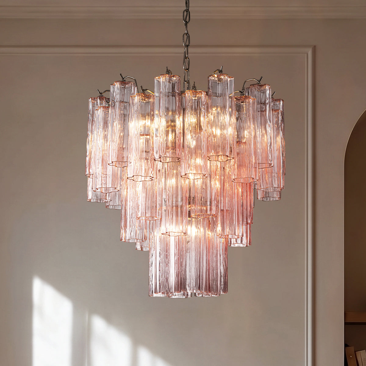 23'' Modern Pink Flower Glass Chandelier Polished Nickel Finish Glass Pendant Light Vintage Glam Ceiling Fixture for Dining Room Wedding Decor