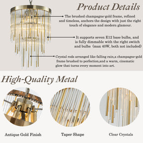 14'' Modern Glam 7-Light Antique Bronze Waterfall Chandelier Adjustable Ceiling Pendant for Bedroom, Dining Room or Foyer