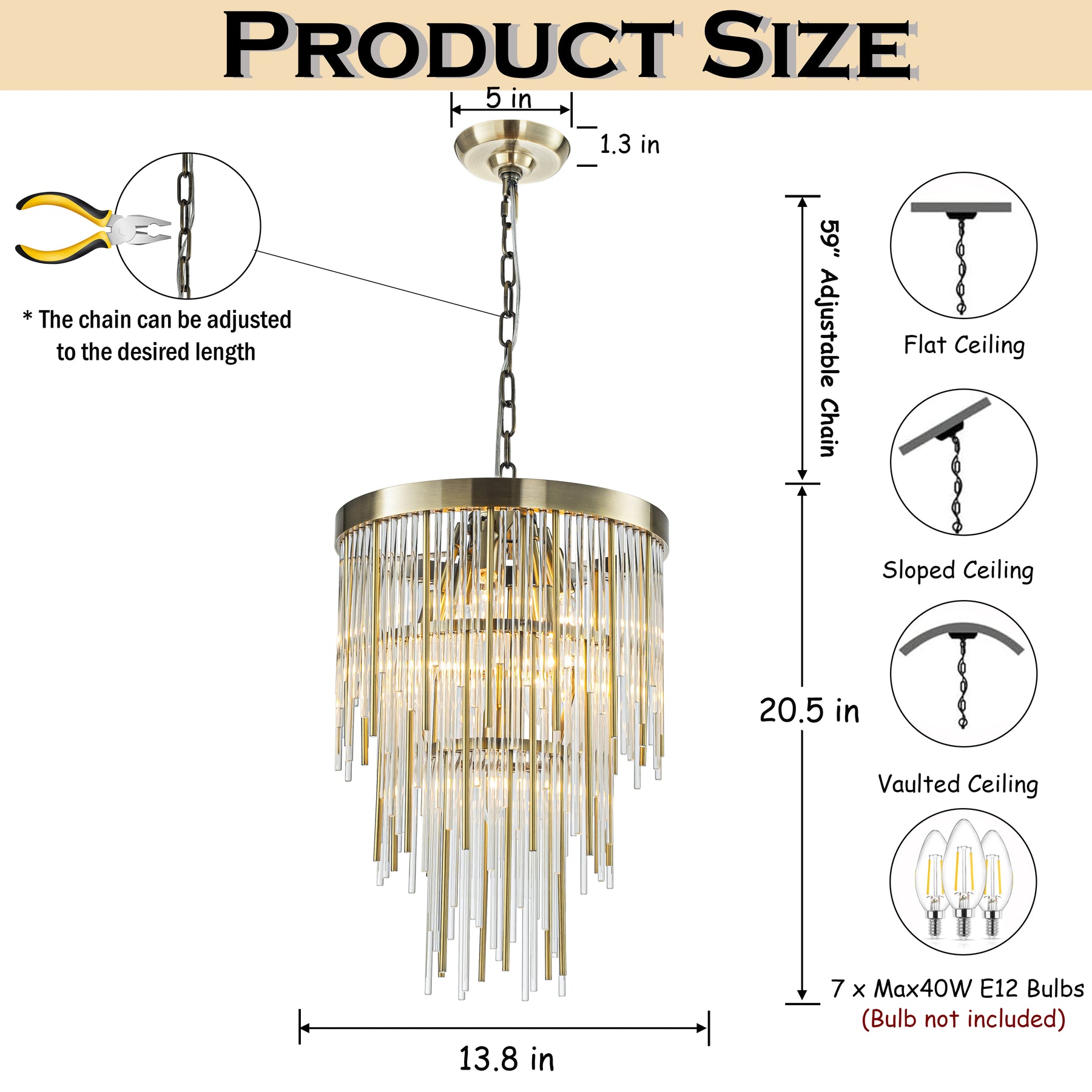 14'' Modern Glam 7-Light Antique Bronze Waterfall Chandelier Adjustable Ceiling Pendant for Bedroom, Dining Room or Foyer