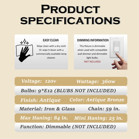 20'' Antique Bronze Modern Glam Chandelier with Adjustable Drop 9-Light Tiered Pendant for Dining Room or Foyer