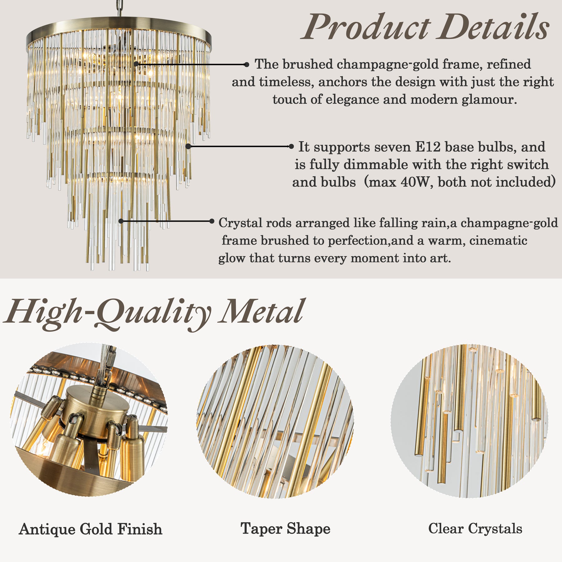 20'' Antique Bronze Modern Glam Chandelier with Adjustable Drop 9-Light Tiered Pendant for Dining Room or Foyer