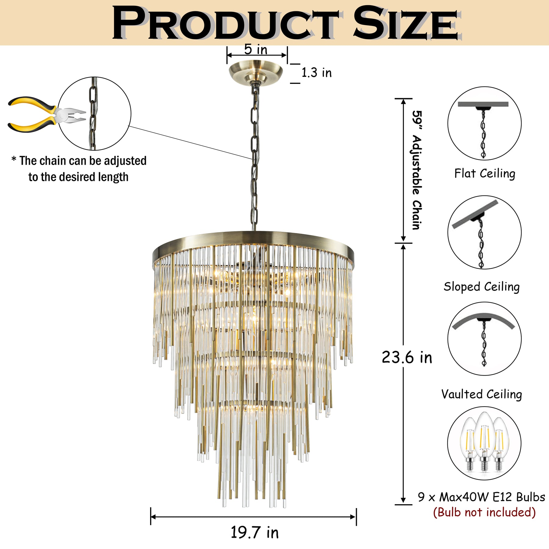 20'' Antique Bronze Modern Glam Chandelier with Adjustable Drop 9-Light Tiered Pendant for Dining Room or Foyer