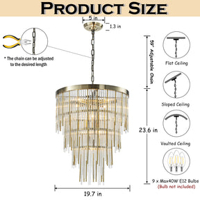 20'' Antique Bronze Modern Glam Chandelier with Adjustable Drop 9-Light Tiered Pendant for Dining Room or Foyer