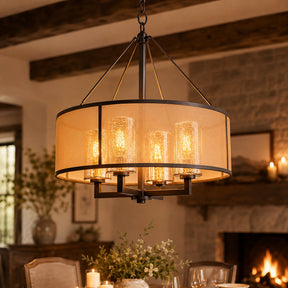 24-Inch 4-Light Oil Rubbed Bronze Modern Farmhouse Chandelier Drum Shade Mercury Glass for Dining Room Living Room