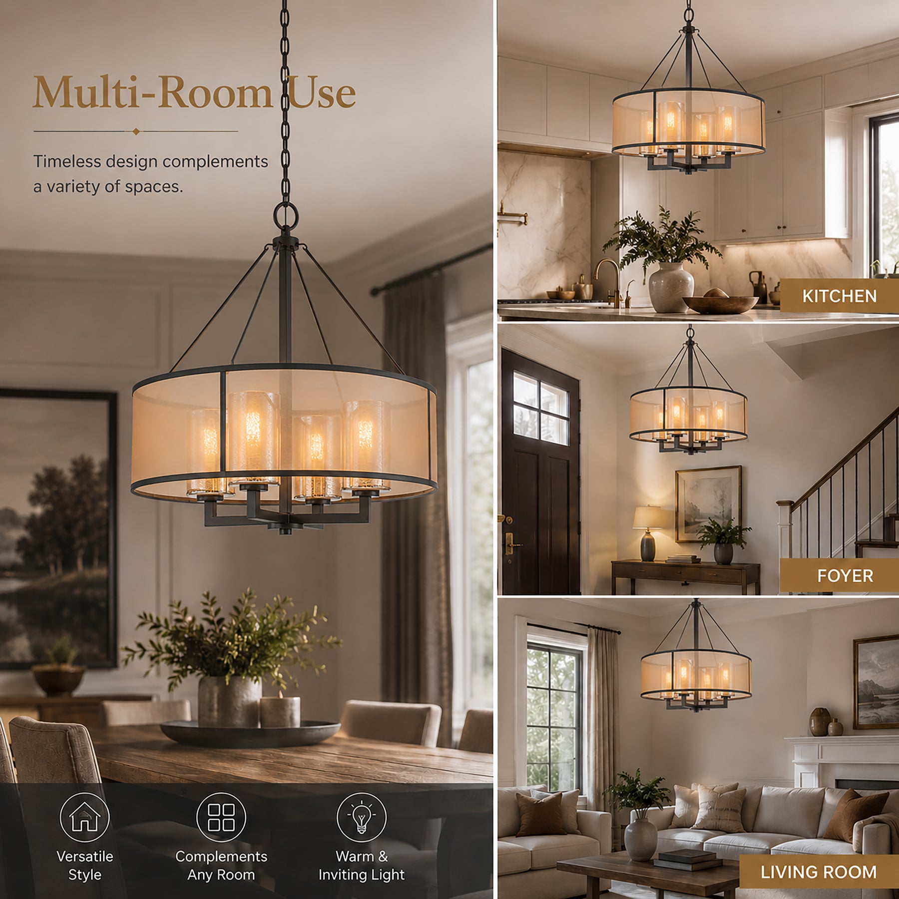 24-Inch 4-Light Oil Rubbed Bronze Modern Farmhouse Chandelier Drum Shade Mercury Glass for Dining Room Living Room