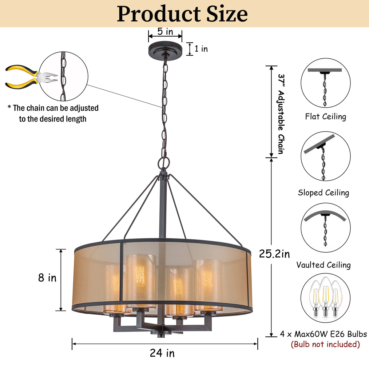 24-Inch 4-Light Oil Rubbed Bronze Modern Farmhouse Chandelier Drum Shade Mercury Glass for Dining Room Living Room