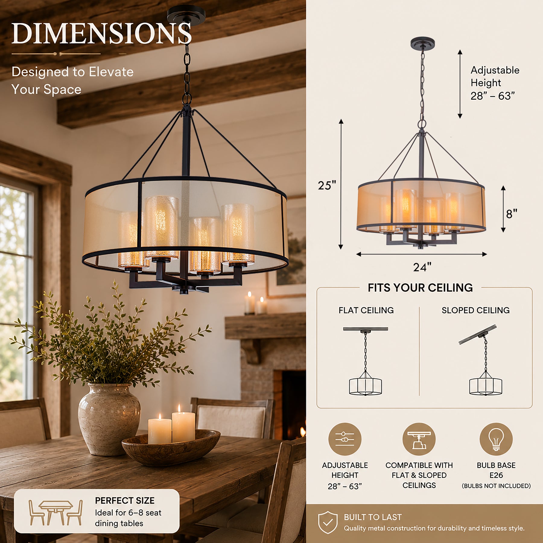 24-Inch 4-Light Oil Rubbed Bronze Modern Farmhouse Chandelier Drum Shade Mercury Glass for Dining Room Living Room