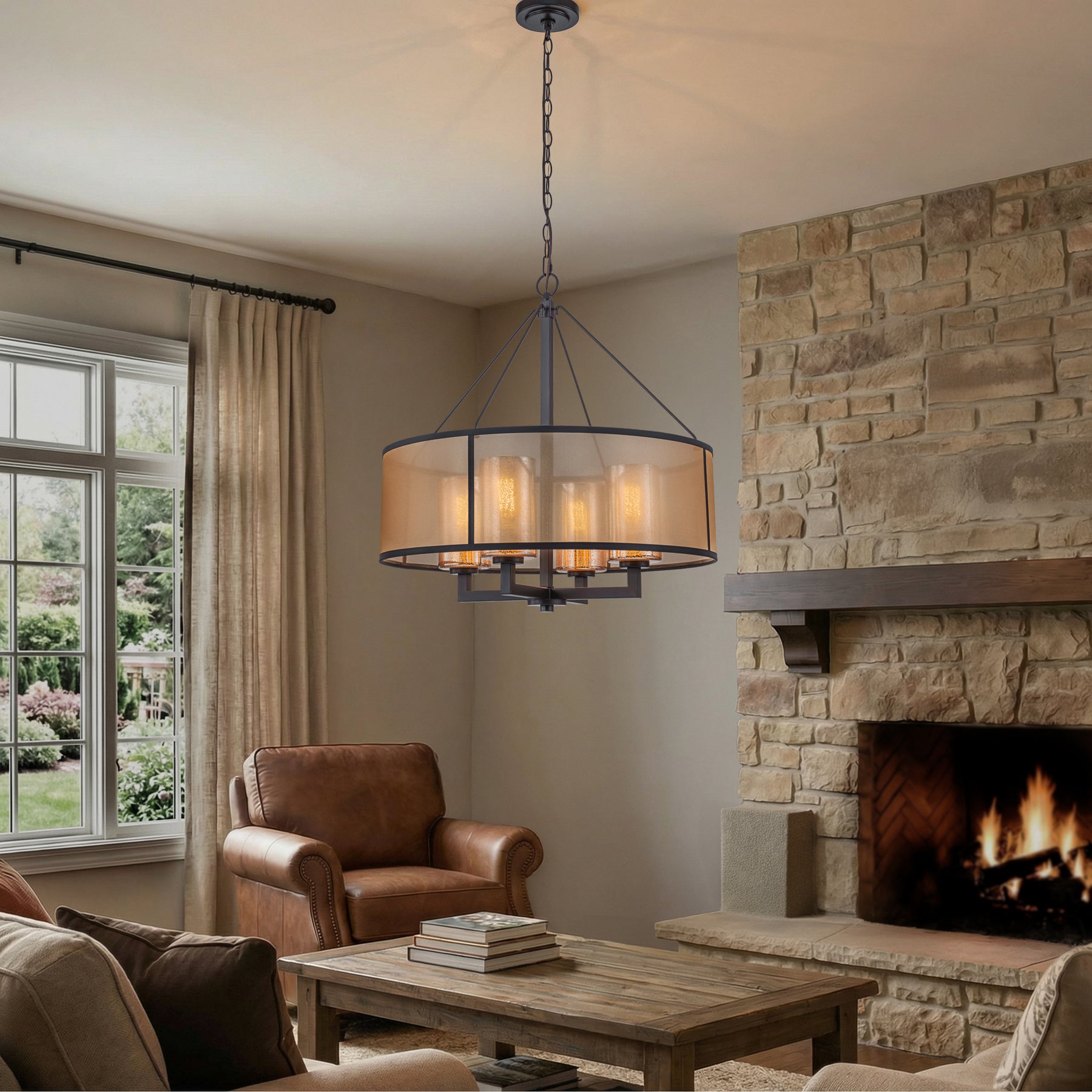 24-Inch 4-Light Oil Rubbed Bronze Modern Farmhouse Chandelier Drum Shade Mercury Glass for Dining Room Living Room