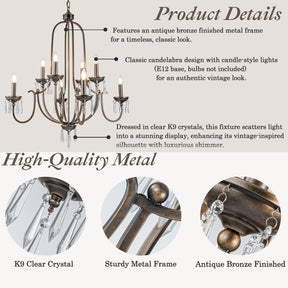 35'' 8-Light Antique Bronze Dimmable Traditional Metal Chandelier with Crystal Accents and Adjustable Hanging Height for Dining Room Foyer or Living Room