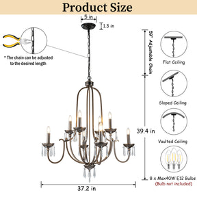 35'' 8-Light Antique Bronze Dimmable Traditional Metal Chandelier with Crystal Accents and Adjustable Hanging Height for Dining Room Foyer or Living Room