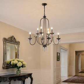 35'' 8-Light Antique Bronze Dimmable Traditional Metal Chandelier with Crystal Accents and Adjustable Hanging Height for Dining Room Foyer or Living Room