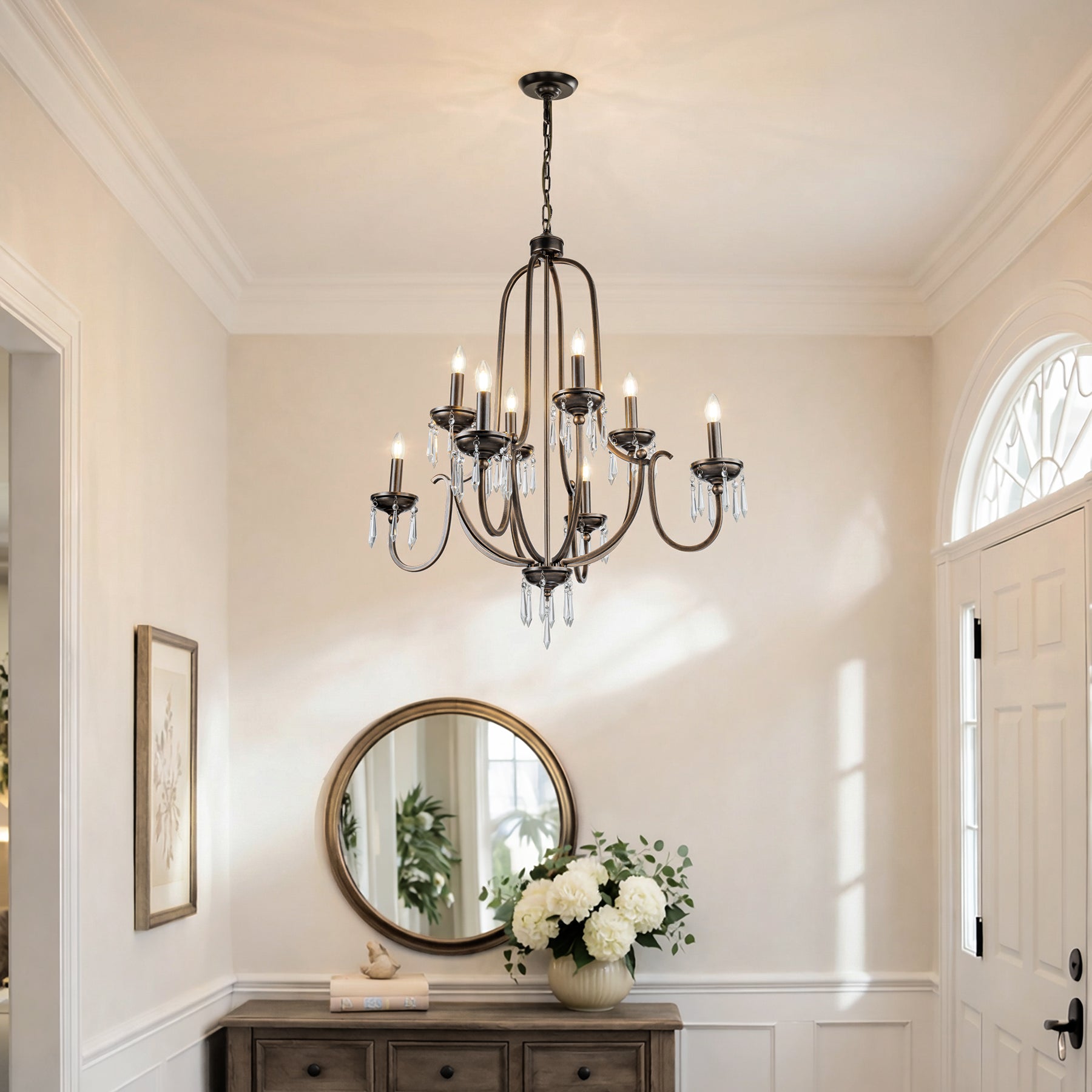 35'' 8-Light Antique Bronze Dimmable Traditional Metal Chandelier with Crystal Accents and Adjustable Hanging Height for Dining Room Foyer or Living Room