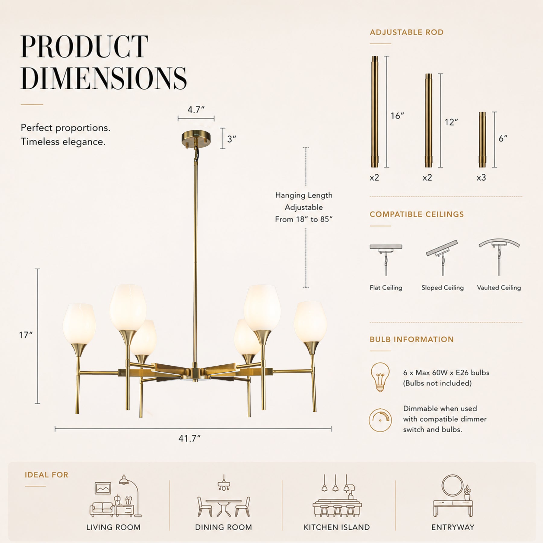 6-Light Classic Warm Brass Chandelier with Opal Glass Shades For Dining Room