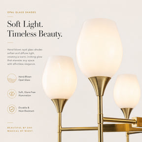 6-Light Classic Warm Brass Chandelier with Opal Glass Shades For Dining Room