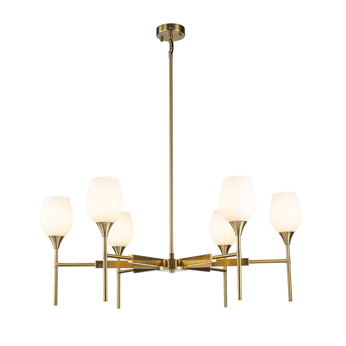 6-Light Classic Warm Brass Chandelier with Opal Glass Shades For Dining Room